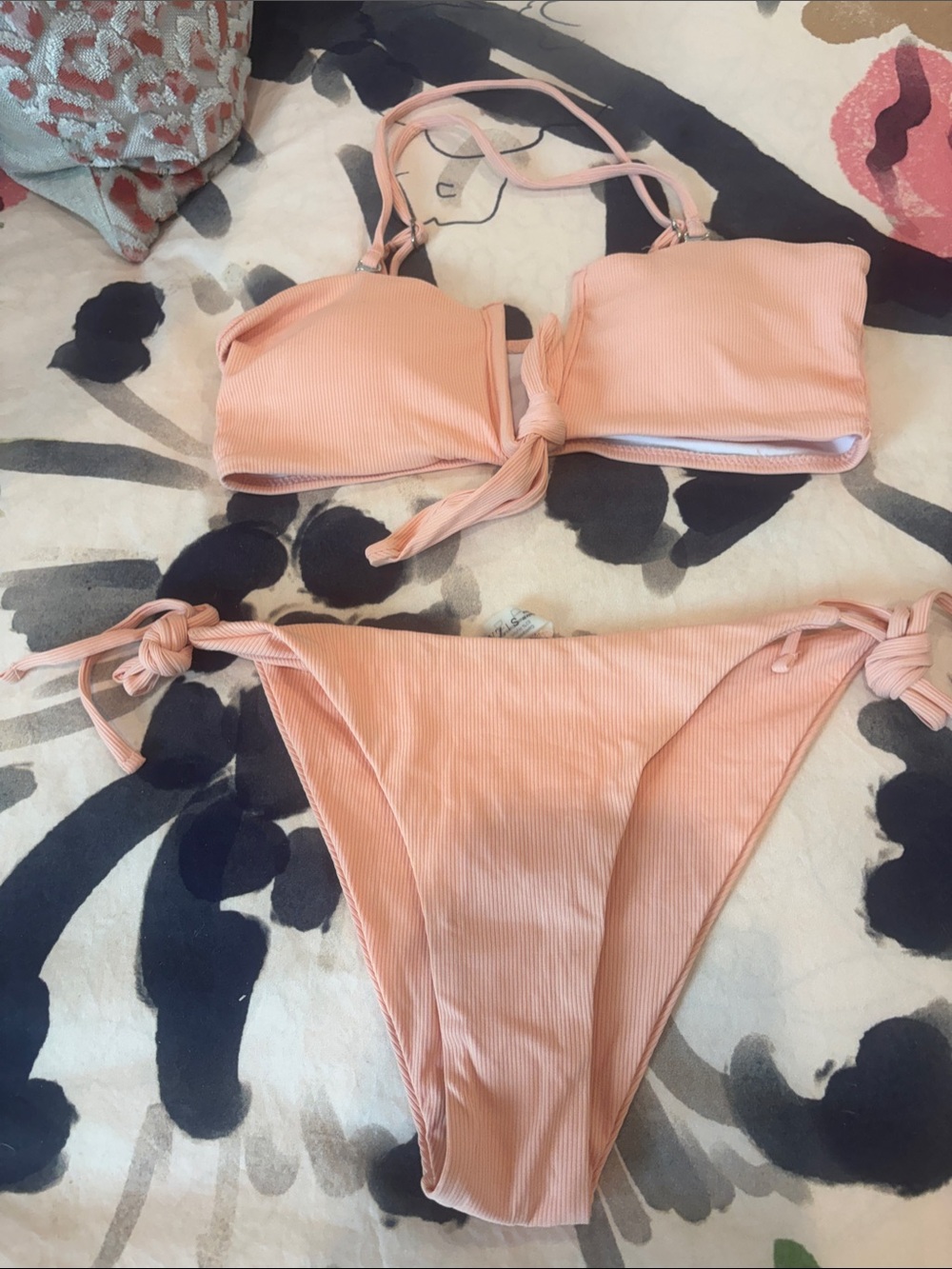 Zaful Peach Ribbed Tie Side Bikini Set